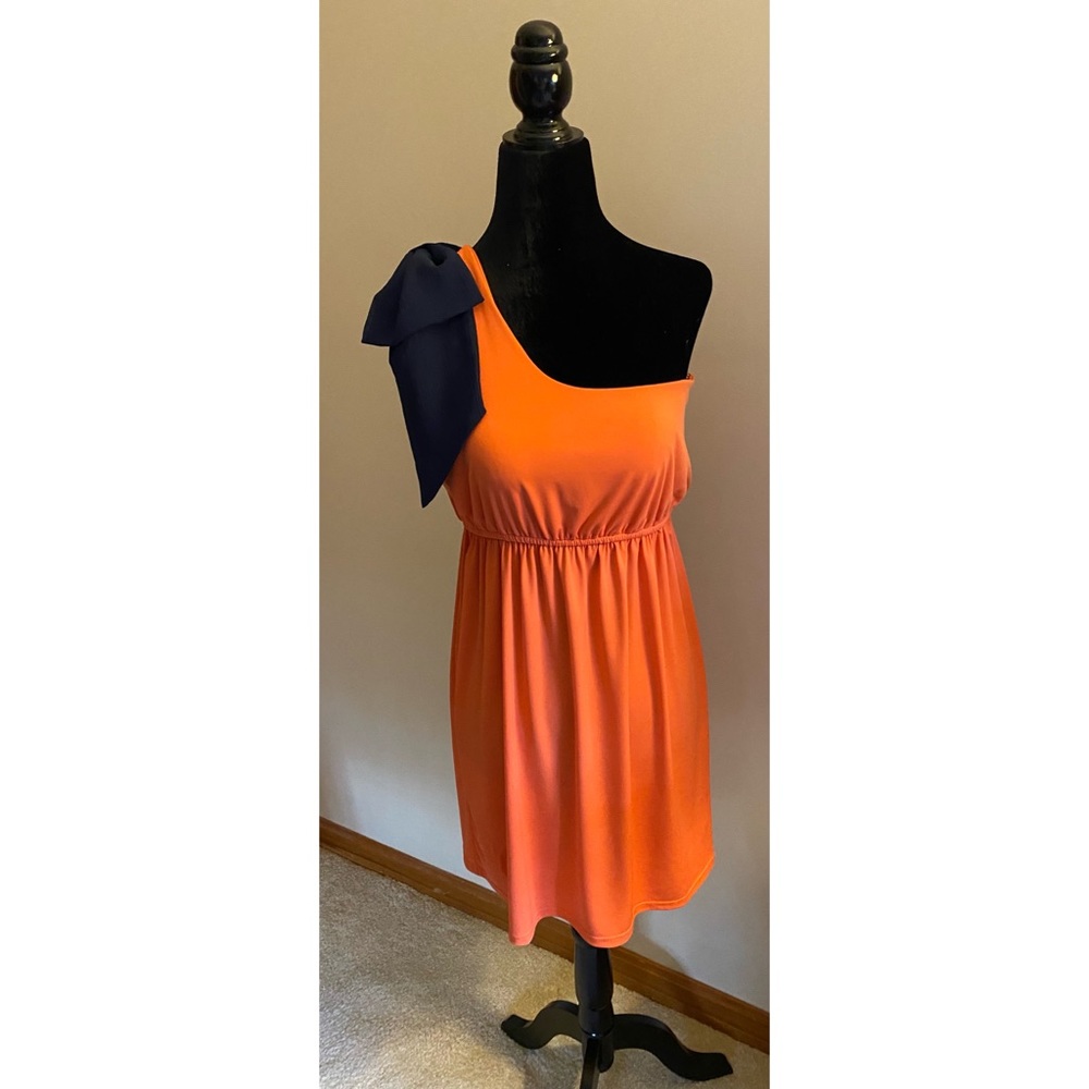 Judith March Burnt Orange One-Strap Dress w/Navy Blue Chiffon Bow Detail